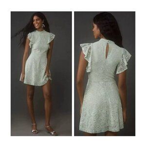 NEW ANTHROPOLOGIE MAEVE dress fit flare mini lace mock neck flutter mint LARGE